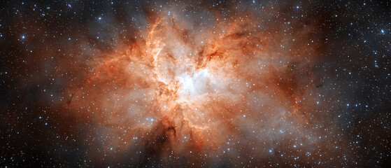 Wall Mural - A dazzling cosmic nebula, glowing intensely with vibrant orange and red hues amidst a field of stars.