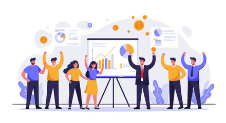 Poster - Business team celebrating success in data analytics presentation with graphs