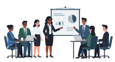 Poster - Diverse team in a business meeting with presentation and laptops
