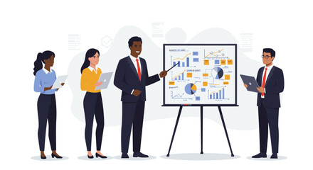 Poster - Team collaboration: diverse professionals analyzing data charts in workplace meeting