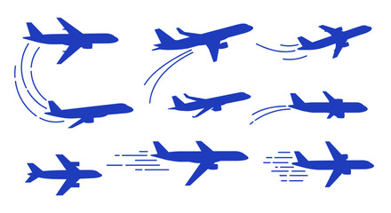 Poster - Set of airplane icons with motion lines in blue silhouette style
