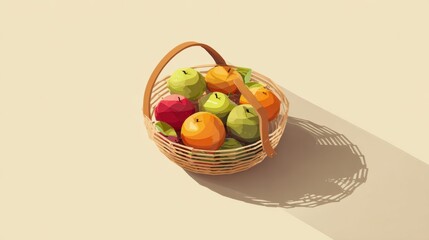 Poster - Isometric Fruit Basket Featuring Assorted Apples, Oranges, and Decorative Drop Shadows in Modern Style on a Neutral Background