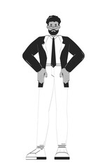Poster - Confident black businessman standing with hands on hips doodle linear character. African american corporate leader 2D vector outline person isolated. Hand drawn drawing illustration monochrome