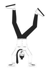 Poster - Playful male employee doing handstand doodle linear character. Upside down caucasian office worker energetic pose 2D vector outline person isolated. Hand drawn drawing illustration monochrome