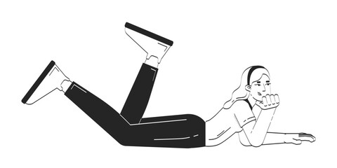 Poster - Business casual blonde woman lying on stomach and thinking doodle linear character. Thoughtful businesswoman relaxing 2D vector outline person isolated. Hand drawn drawing illustration monochrome