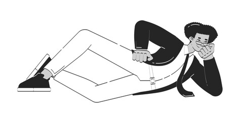 Poster - Relaxed latino male employee lying on side doodle linear character. Confident laidback hispanic businessman work rest 2D vector outline person isolated. Hand drawn drawing illustration monochrome