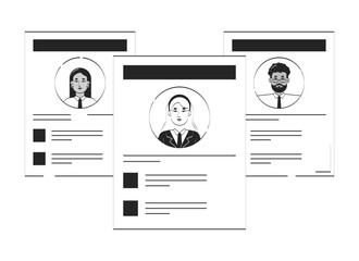 Fototapete - Job resume paper sheets with diverse candidates profiles doodle linear object. Employee CVs. HR screening pages 2D vector outline clip art drawing isolated on white. Hand drawn sketch illustration