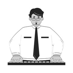 Poster - Arab male employee typing on keyboard doodle linear character. Office worker. Middle eastern businessman computer work 2D vector outline person isolated. Hand drawn drawing illustration monochrome
