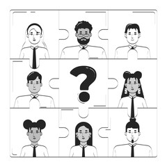 Poster - HR team puzzle with missing piece doodle line illustration concept. Staffing gap. Vacant role. Business hiring human resources 2D outline composition isolated. Hand drawn ink metaphor monochrome