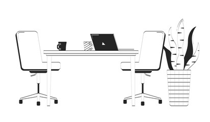 Fototapete - Office setup with laptop and coffee mugs doodle linear object. Desk with swivel chairs, snake plant, notebook 2D vector outline clip art drawing isolated on white. Hand drawn sketch illustration