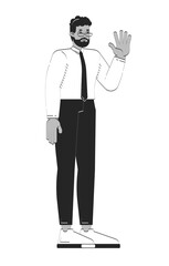 Poster - Bearded black male employee greeting doodle linear character. African american man in office attire raising hand hello 2D vector outline person isolated. Hand drawn drawing illustration monochrome