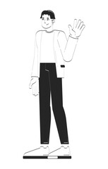 Poster - Approachable korean male employee in blazer greeting doodle linear character. Company welcome. Professional man chinese 2D vector outline person isolated. Hand drawn drawing illustration monochrome