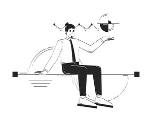  - Data scientist in analytics doodle line illustration concept. Insight-driven analyst. Data visualization. Businessman presenting chart 2D outline character isolated. Hand drawn ink metaphor monochrome