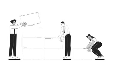  - Data analytics team building dataset doodle line illustration concept. Data visualization. Analysts stacking blocks into bar graph 2D outline characters isolated. Hand drawn ink metaphor monochrome