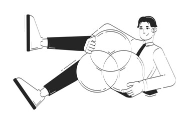  - Data analyst presenting Venn diagram doodle line illustration concept. Data visualization. Close look at graph. Analytical thinking 2D outline character isolated. Hand drawn ink metaphor monochrome