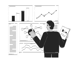  - Comparing results and data evaluation doodle line illustration concept. Business dashboard. Analytical decision-making. Indian analyst 2D outline character isolated. Hand drawn ink metaphor monochrome
