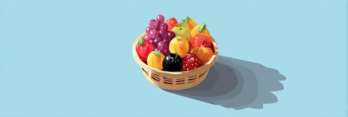 Poster - Colorful Isometric Fruit Basket With Modern Design and Detailed Drop Shadows on a Light Blue Background