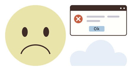 Poster - Sad face next to error message popup and a cloud graphic conveys technical issues or system failure. Ideal for technology, troubleshooting, cloud computing, error alerts, communication tools