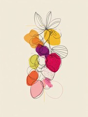 Poster - Colorful Line Art Depicting a Vibrant Arrangement of Fruits Accentuated With Minimalist Design Elements