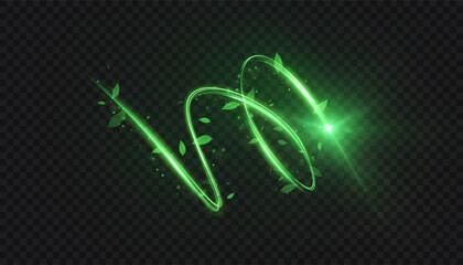 Wall Mural - vector green light trail with leaves and magical glow on dark background. ideal for nature, fantasy 