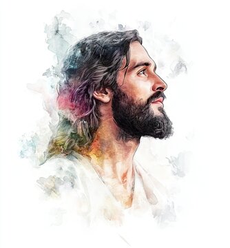 A portrait of Jesus, set against a white background, rendered in a watercolor style reminiscent 