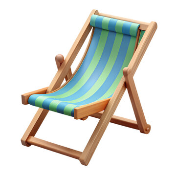 A wooden deckchair with blue and green stripes isolated on transparent background evokes a sense of summer relaxation