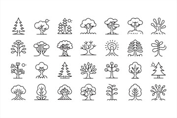 Minimalist Tree Icons Representing Seasonal and Ecological Themes