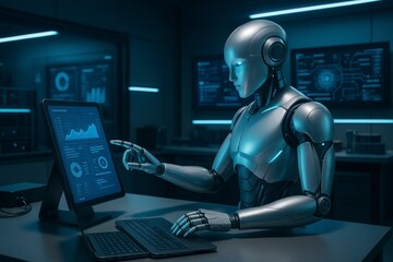 Poster - Futuristic robot analyzes data on a touchscreen in a high tech setting, showcasing automation and advanced analytics.