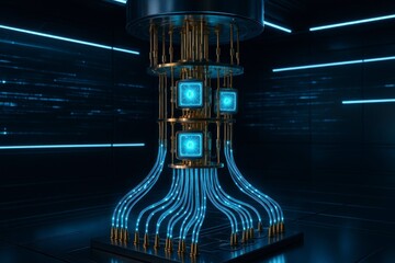 Poster - Futuristic quantum computer featuring advanced technology and intricate design emitting blue light in a high tech environment.