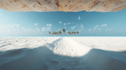 Aufkleber - Serene tropical beach with white sand and clear blue sky framed by rock overhang and distant palm trees under sunny weather