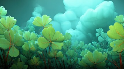 Aufkleber - Lush green clover leaves growing densely in a vibrant natural setting with a cloudy sky background and a calming atmosphere