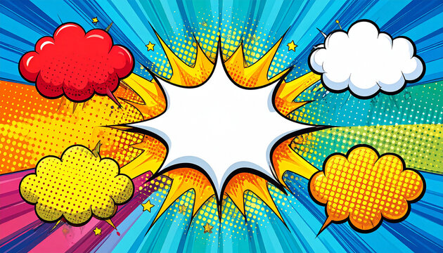 Brightly colored speech bubbles and explosive shapes create an energetic pop art atmosphere full of fun vroom pop art comic speech bubbles book sound effects

