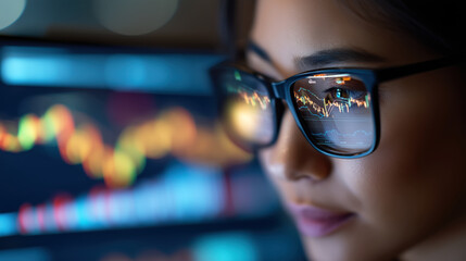 Poster - Young professional woman analyzing finance data at night with reflections in glasses, showcasing remote work and investment research in modern office environment