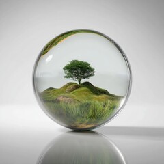 Aufkleber - Glass sphere with a miniature natural landscape featu a single tree on a grassy hilltop under a clear sky, artful nature scene encapsulated