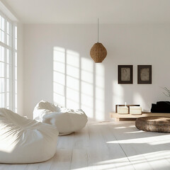 Poster - bright minimalist living room with soft natural light, white bean bag chairs, wicker elements, and m