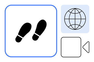 Poster - Footprints for direction, globe for global connectivity, and video icon for multimedia. Ideal for navigation, exploration, video content, learning, global reach, communication simple flat metaphor