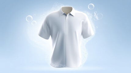 Poster - White short-sleeve shirt mock up displayed against a soft blue background with bubbles, showcasing a clean and fresh appearance for design purposes and branding opportunities