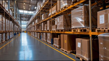Poster - Spacious and Disorganized Warehouse Interior with Stacked Boxes on Shelves and Pallets in Modern Facility