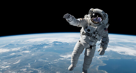Wall Mural - Astronaut floats in space above planet earth