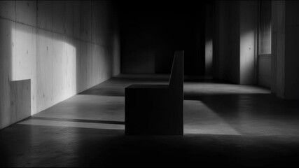 Poster - Minimalist black and white photo of a single chair in a long dark hallway with concrete walls and floor, illuminated by soft light from a window