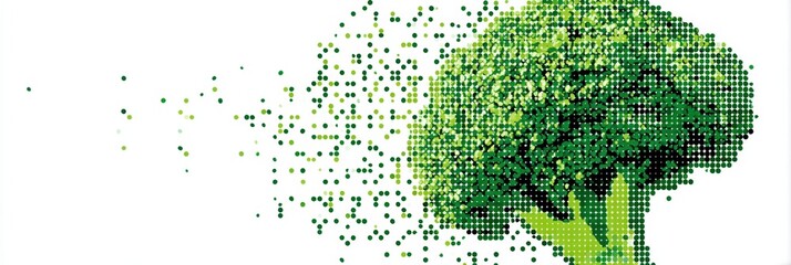 Poster - Minimal Broccoli Silhouette Created With Green Pixels on a Clean White Background, Highlighting a Fresh and Digital Look