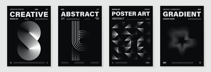 Poster - Abstract monochrome poster background vector set. Modern cover template with black and white perspective geometric prism shape, line. Ideal design for social media, banner, ads. 