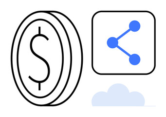 Poster - Dollar coin, share network icon, and cloud shape convey concepts of financial technology, digital transactions, and collaboration. Ideal for fintech, online payments, cloud computing, e-commerce