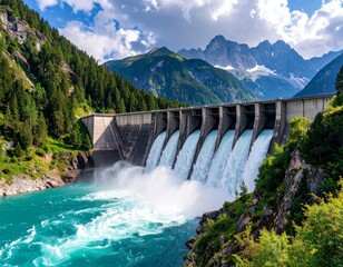 A powerful hydroelectric dam releases water amid mountains and lush greenery, creating a scenic landscape.