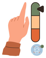 Poster - Hand moving vertical slider to control risk settings, accompanied by validated face recognition approval. Ideal for security, access, safety, privacy, control, biometrics technology. Simple flat