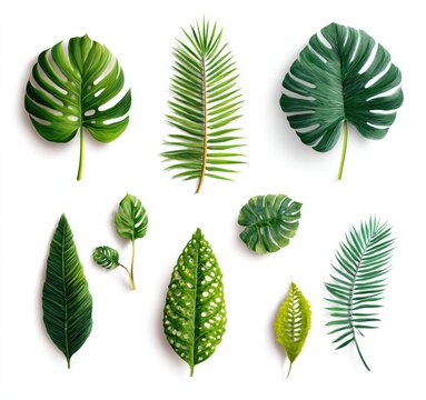 A collection of ten digitally rendered tropical leaves, showcasing diverse shapes, sizes, and textures, isolated on a white background