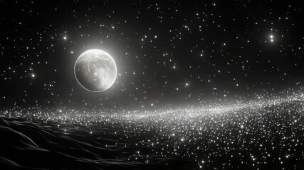 Wall Mural - A large moon is in the sky above a field of stars. The stars are scattered throughout the sky, with some closer to the moon and others further away