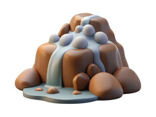 Poster - A stylized 3d rendering of a charming miniature waterfall cascading over rounded rocks in a plastic-style icon on white