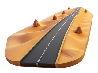 Poster - A stylized 3d rendering of a road winding through a desert landscape featuring plastic-style icon elements on a white backdrop.