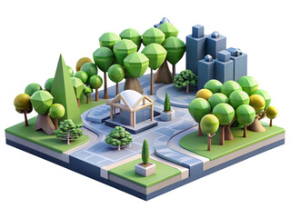 Poster - A vibrant 3d rendered illustration featuring an isometric view of a miniature park with trees buildings and roads isolated on white